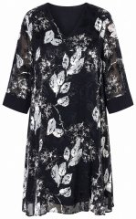 Ulla Popken 852959 Vestido de flores con manga 3/4 Negro