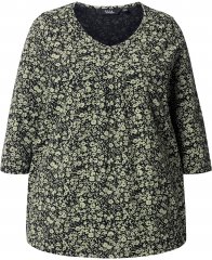 Ulla Popken Pleated Floral Print 3/4 Sleeve Tee Pond Green