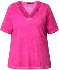 Ulla Popken Lace Trim Short Sleeve Tee Bold Pink