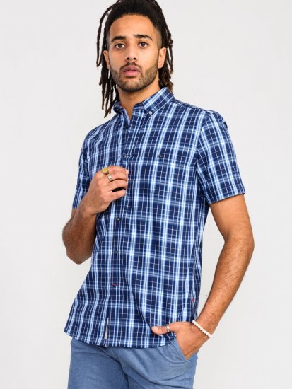 D555 Walcot Check Button Down Collar S/S Shirt Navy - Camisas - Camisas 2XL-10XL