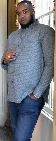 D555 MANGALA Geometric AOP Long Sleeve Shirt With Concealed Button Down Collar Navy - Camisas - Camisas 2XL-10XL