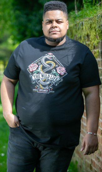 D555 MALCOM Snake And Roses Printed Crew Neck T-Shirt Black - Camisetas - Camisetas - 2XL-14XL