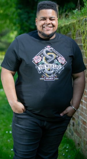 D555 MALCOM Snake And Roses Printed Crew Neck T-Shirt Black - Camisetas - Camisetas - 2XL-14XL