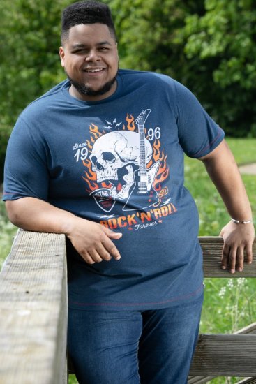 D555 NEAL Skull With Flames Printed Crew Neck T-Shirt Navy/Blue Twist - Camisetas - Camisetas - 2XL-14XL