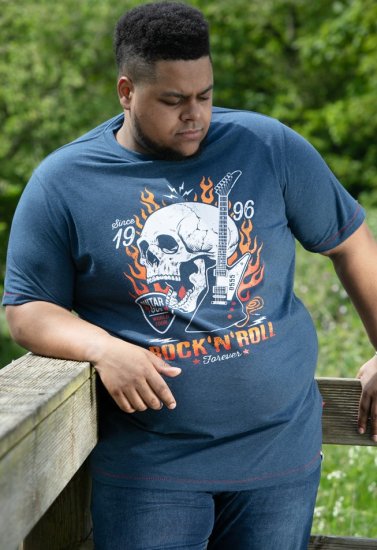 D555 NEAL Skull With Flames Printed Crew Neck T-Shirt Navy/Blue Twist - Camisetas - Camisetas - 2XL-14XL