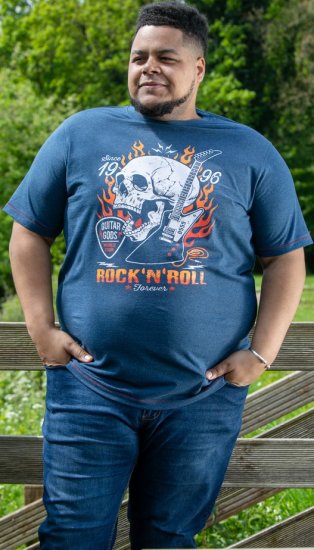 D555 NEAL Skull With Flames Printed Crew Neck T-Shirt Navy/Blue Twist - Camisetas - Camisetas - 2XL-14XL