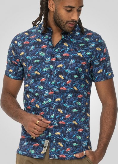 D555 Hartlepool Short Sleeve Vintage Car AOP Stretch Shirt Blue - Camisas - Camisas 2XL-10XL