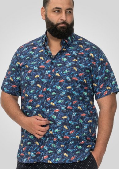 D555 Hartlepool Short Sleeve Vintage Car AOP Stretch Shirt Blue - Camisas - Camisas 2XL-10XL