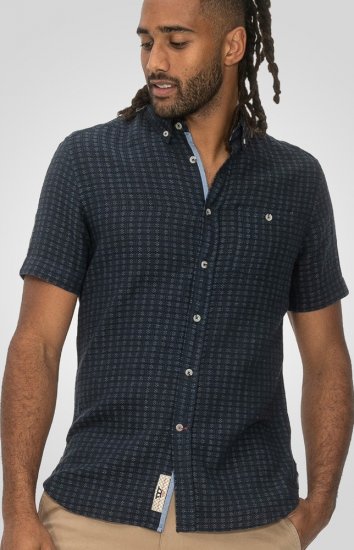 D555 Pontefract Jacquard Linen Mix Short Sleeve Shirt With Button Down Navy - Camisas - Camisas 2XL-10XL
