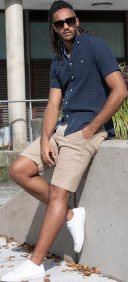 D555 Pontefract Jacquard Linen Mix Short Sleeve Shirt With Button Down Navy - Camisas - Camisas 2XL-10XL