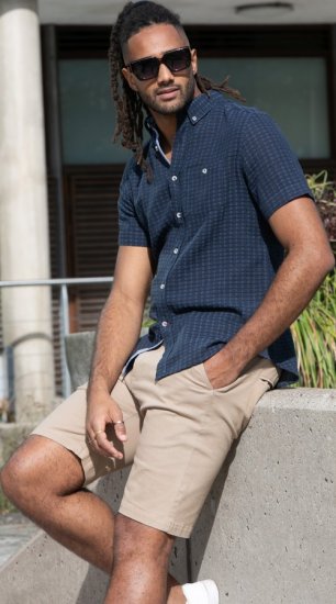 D555 Pontefract Jacquard Linen Mix Short Sleeve Shirt With Button Down Navy - Camisas - Camisas 2XL-10XL