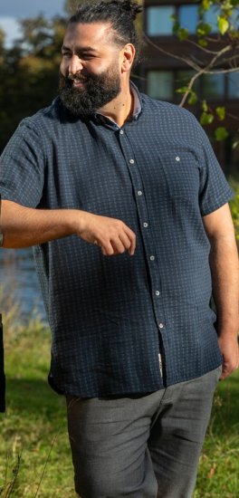 D555 Pontefract Jacquard Linen Mix Short Sleeve Shirt With Button Down Navy - Camisas - Camisas 2XL-10XL