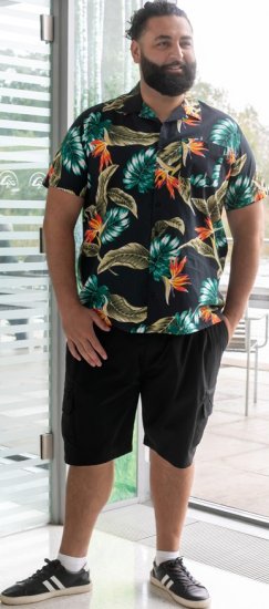 D555 Selby Hawaiian AOP Short Sleeve Revere Collar Shirt Black - Camisas - Camisas 2XL-10XL