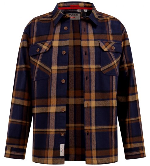 D555 Aldershot Long Sleeve Heavy Shacket Overshirt Tan/Navy Check - Camisas - Camisas 2XL-10XL