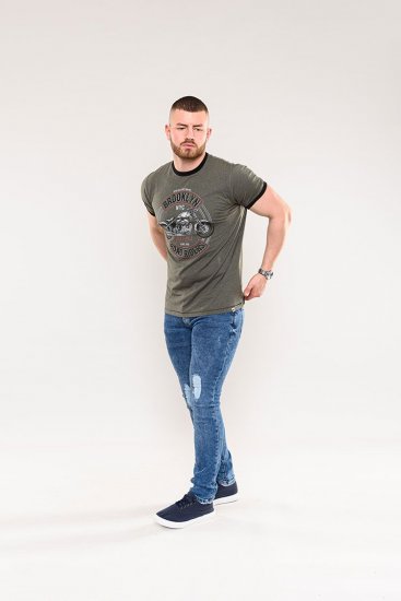 D555 Hereford Brooklyn Motorbike Printed Ringer T-Shirt Khaki - Camisetas - Camisetas - 2XL-14XL