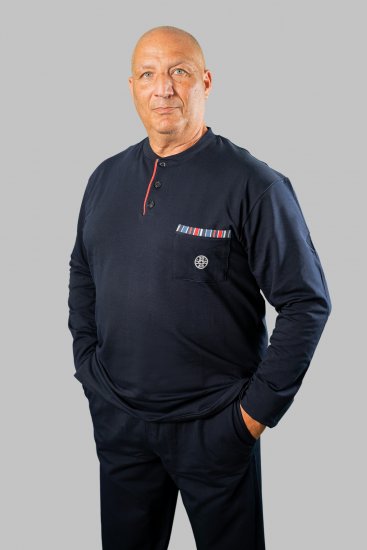 20 Nodi Long Pajamas in Stretch Fleece Cotton with Serafino Collar and Jacket with Pocket and Side Slits Navy - Pijamas/ropa de estar en casa - Pijamas/ropa de estar en casa 2XL-10XL