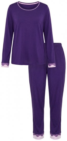 Ulla Popken 812441 Pijama de manga larga con encaje Azul real - Pijamas/ropa de estar en casa - 