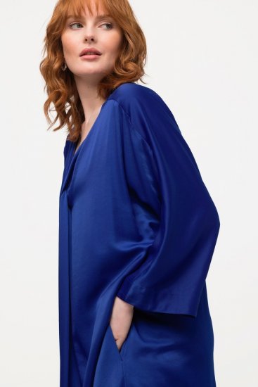 Ulla Popken 821110 Vestido de satén de manga corta con cuello de pico Azul marino - Vestidos de noche - Vestidos de fiesta de gran talla