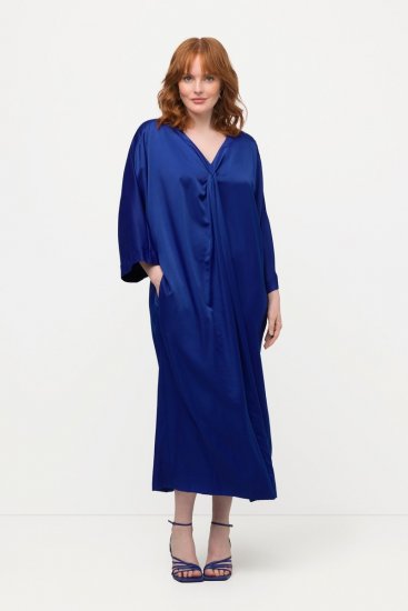 Ulla Popken 821110 Vestido de satén de manga corta con cuello de pico Azul marino - Vestidos de noche - Vestidos de fiesta de gran talla