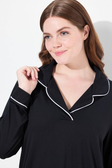 Ulla Popken 823030 Pijama con cuello camisero Negro - Pijamas/ropa de estar en casa - 