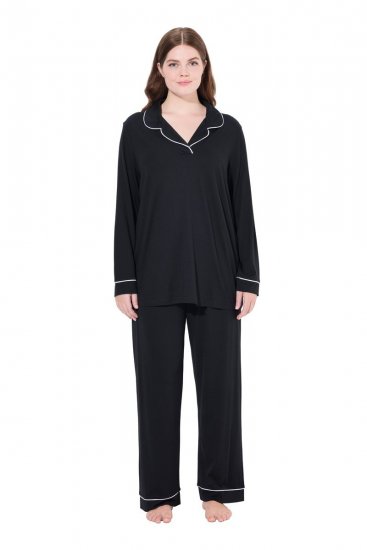 Ulla Popken 823030 Pijama con cuello camisero Negro - Pijamas/ropa de estar en casa - 