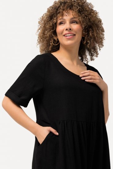 Ulla Popken 829837 Vestido de mezcla de lino de manga corta Negro - Vestidos de verano - Vestidos de verano tallas grandes