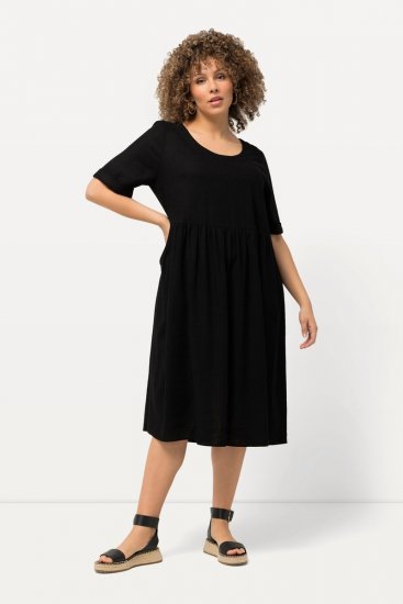 Ulla Popken 829837 Vestido de mezcla de lino de manga corta Negro - Vestidos de verano - Vestidos de verano tallas grandes