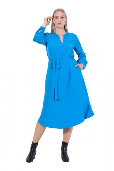 Ulla Popken 831004 Vestido midi de manga larga con cuello de pico Azul real - Vestidos midi - Vestidos midi de talla grande
