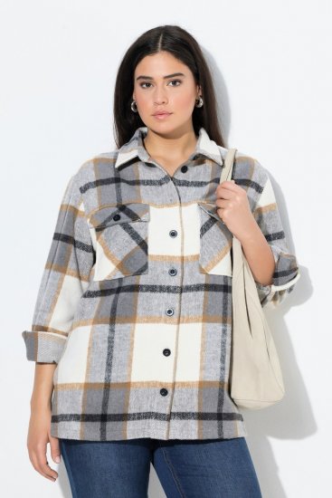 Ulla Popken 831641 Sobrecamisa de cuadros de mezcla de lana Antracita - Chaquetas - Chaquetas para mujer en tallas grandes