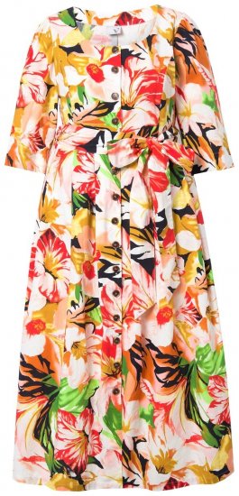 Ulla Popken 832512 Vestido de mezcla de lino de flores con manga 3/4 Rojo - Vestidos maxi - Vestidos largos en tallas grandes