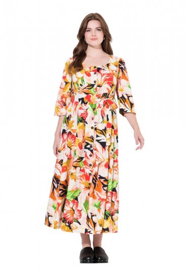 Ulla Popken 832512 Vestido de mezcla de lino de flores con manga 3/4 Rojo - Vestidos maxi - Vestidos largos en tallas grandes