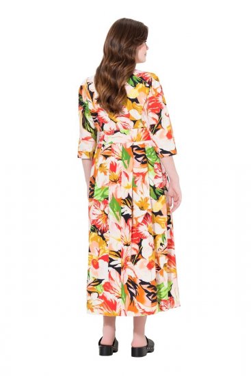 Ulla Popken 832512 Vestido de mezcla de lino de flores con manga 3/4 Rojo - Vestidos maxi - Vestidos largos en tallas grandes
