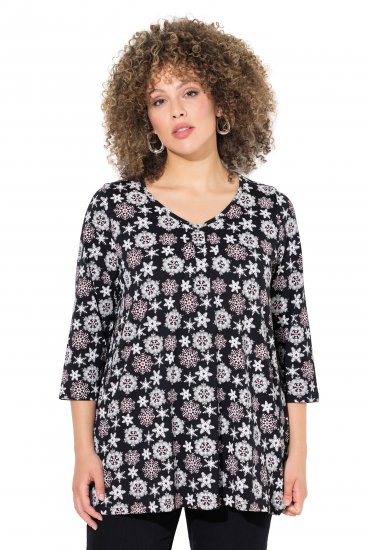 Ulla Popken Snowflake Print 3/4 Sleeve A-Line Tee Black - Camisetas estampadas para mujer - 