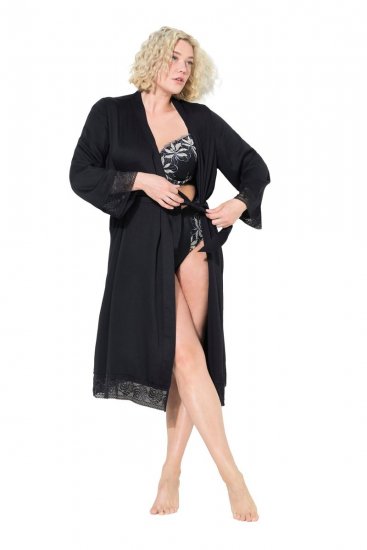 Ulla Popken 834837 Albornoz kimono con encaje Negro - Batas & albornoces - 