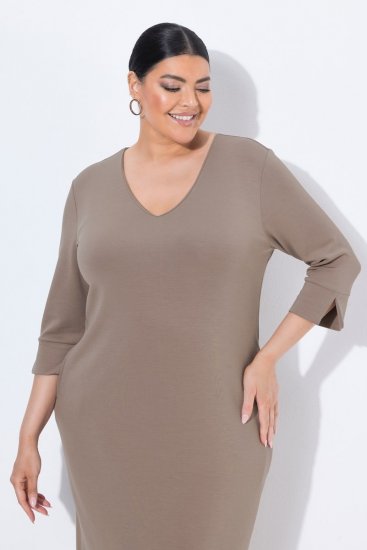 Ulla Popken 841952 Vestido de felpa con cuello de pico Marrón claro - Vestidos - Vestidos para todas las tallas