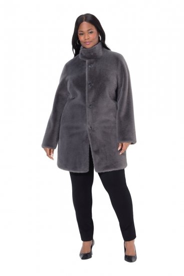 Ulla Popken 843003 Abrigo de pelo sintético con cuello alto Gris - Abrigos - Abrigos de talla grande