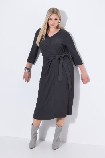 Ulla Popken 843595 Vestido cruzado con manga 3/4 Gris jaspeado - Vestidos midi - Vestidos midi de talla grande