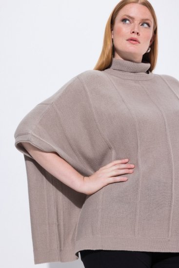 Ulla Popken 844996 Poncho de canalé de merino con cuello vuelto Marrón claro - Ponchos y capas - 