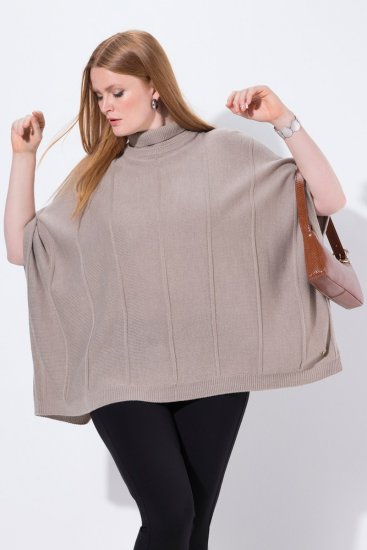 Ulla Popken 844996 Poncho de canalé de merino con cuello vuelto Marrón claro - Ponchos y capas - 