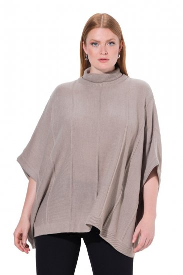 Ulla Popken 844996 Poncho de canalé de merino con cuello vuelto Marrón claro - Ponchos y capas - 