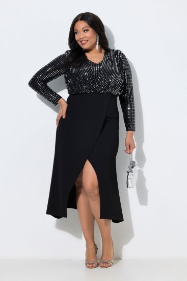 Ulla Popken 845151 Vestido de rayas con cuello de pico Negro - Vestidos de noche - Vestidos de fiesta de gran talla