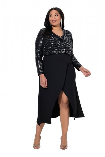 Ulla Popken 845151 Vestido de rayas con cuello de pico Negro - Vestidos de noche - Vestidos de fiesta de gran talla