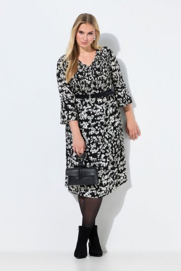 Ulla Popken 845825 Vestido midi de flores con manga 3/4 Negro - Vestidos midi - Vestidos midi de talla grande