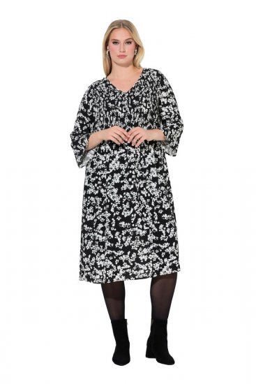 Ulla Popken 845825 Vestido midi de flores con manga 3/4 Negro - Vestidos midi - Vestidos midi de talla grande