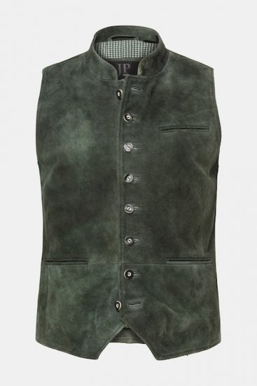 JP1880 846808 Chaleco de serraje de cabra Oliva oscuro - Trachten & Oktoberfest - Ropa Oktoberfest en tallas grandes (Trachten)