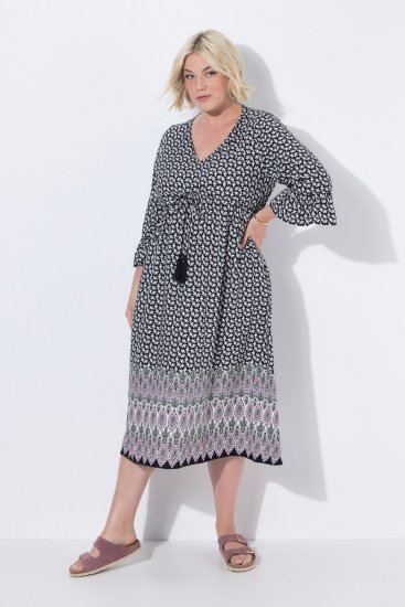 Ulla Popken 847798 Vestido midi evasé con cuello de pico Negro - Vestidos midi - Vestidos midi de talla grande