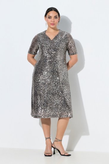 Ulla Popken 848137 Vestido de lentejuelas con estampado animal Beige - Vestidos de noche - Vestidos de fiesta de gran talla