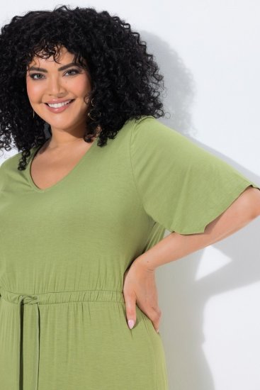 Ulla Popken 848829 Vestido midi de manga corta con cordón Verde claro - Vestidos midi - Vestidos midi de talla grande