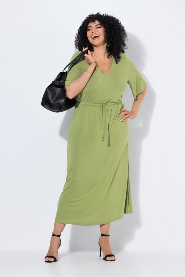Ulla Popken 848829 Vestido midi de manga corta con cordón Verde claro - Vestidos midi - Vestidos midi de talla grande