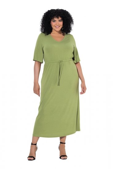 Ulla Popken 848829 Vestido midi de manga corta con cordón Verde claro - Vestidos midi - Vestidos midi de talla grande